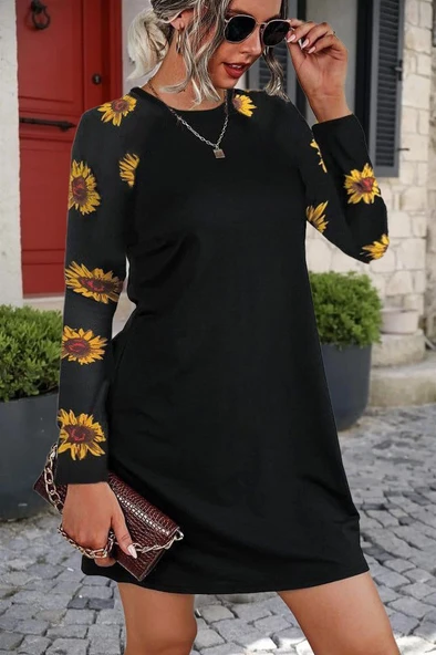 Kadın Uzun Kollu Bisiklet Yaka Krep Mini Boy Elbise ürün görseli