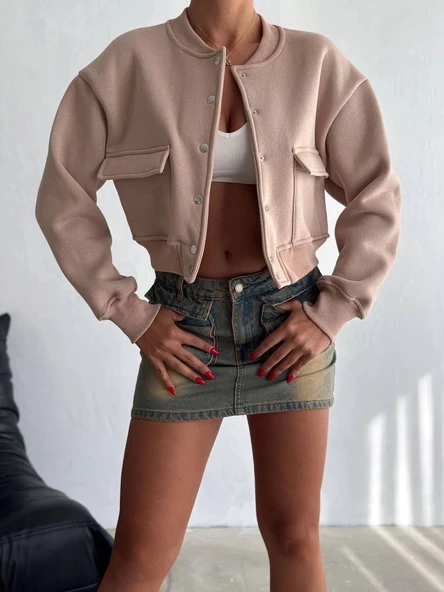 3 iplik şardonlu Önü çıtçıtlı cepli ceket bej f2226 - Resim 2