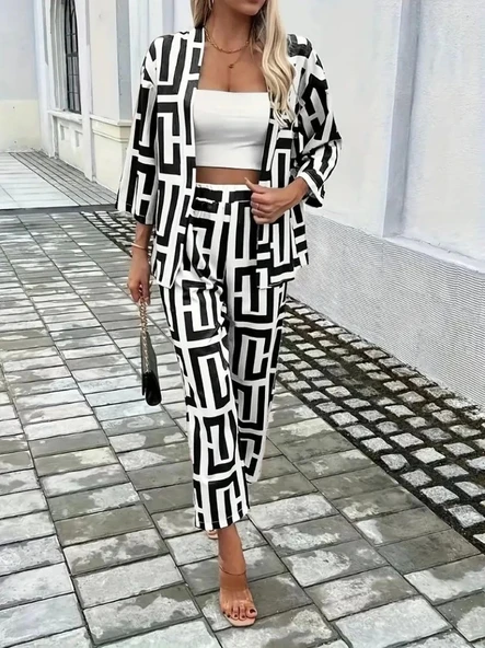 Kadın Uzun Kollu önü Açık Desenli Iki Iplik Ceket Ve Pantolon Ikili Takım - Resim 2