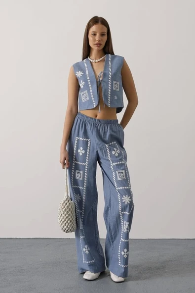 Baskılı Önü Bağlamalı Yelekli Takım - İndigo - 3