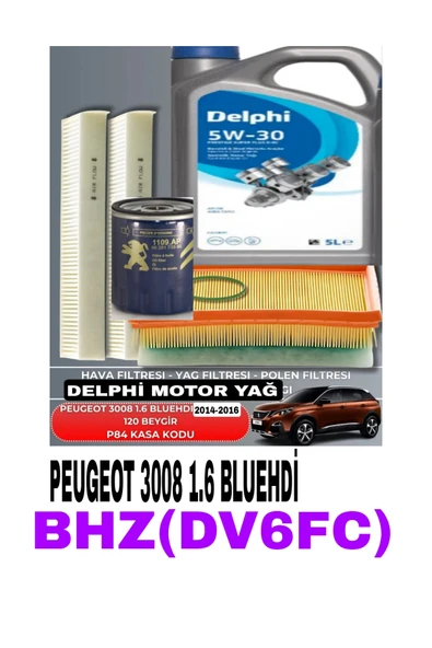 PEUGEOT 3008 1.6 BLUEHDI 2014-2016 120 BEYGİR FİLTRE -DELPHİ 5W-30 5LT YAG BAKIM SETİ ürün görseli