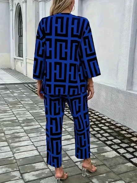 Kadın Uzun Kollu önü Açık Desenli Iki Iplik Ceket Ve Pantolon Ikili Takım - Resim 3