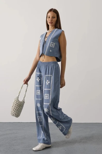 Baskılı Önü Bağlamalı Yelekli Takım - İndigo - 2