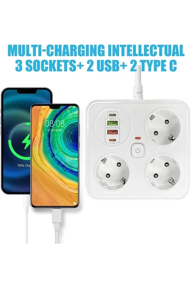 Akım Korumalı Anahtarlı Priz - 3x Priz - 2x Usb - 2x Type-c - 2 Mt Kablo Hızlı Şarj Özellikli Siyah - 6
