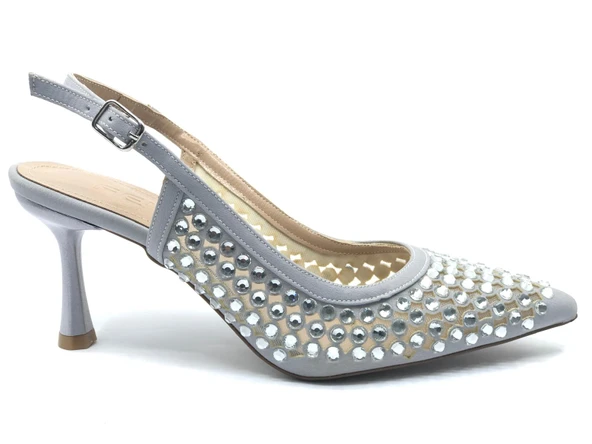 Feles Arkası Açık Zümrüt Taş Detaylı Stiletto Kadın Ayakkabı - Resim 3