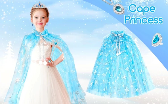 Karlar Ülkesi Elsa Frozen Mavi Pelerin – 80 Cm Kar Desenli Çocuk Pelerini ( Taç Hariç ) - Resim 4