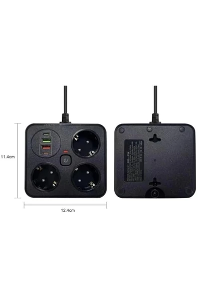 Akım Korumalı Anahtarlı Priz - 3x Priz - 2x Usb - 2x Type-c - 2 Mt Kablo Hızlı Şarj Özellikli Siyah - 8