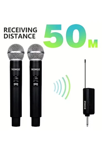 Profesyonel Çiftli Kablosuz Mikrofon Seti Karaoke Şarj Edilebilir 50 Metre Mesafe - 1