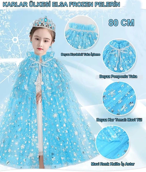 Karlar Ülkesi Elsa Frozen Mavi Pelerin – 80 Cm Kar Desenli Çocuk Pelerini ( Taç Hariç ) ürün görseli