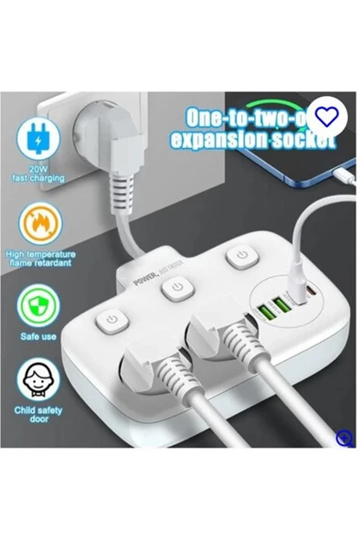 Akım Korumalı 2’li Ayrı Anahtarlı Priz, 2x Priz, 3x Usb, 1x Type-c, 2 Mt Kablo, Hızlı Şarj - 1