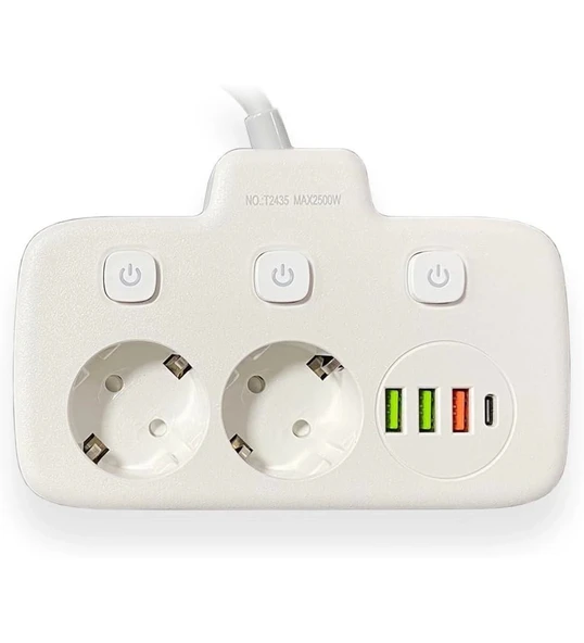 Akım Korumalı 2’li Ayrı Anahtarlı Priz, 2x Priz, 3x Usb, 1x Type-c, 2 Mt Kablo, Hızlı Şarj - 3