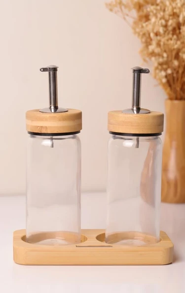 Bambu Kapaklı Cam Yağlık & Sirkelik Seti – 2'li Standlı 200ml - 4
