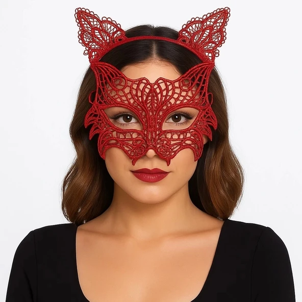 Kırmızı Dantel Kedi Maskesi Ve Dantel Taç Seti 8 No – Kadın Kostüm Aksesuarı ürün görseli