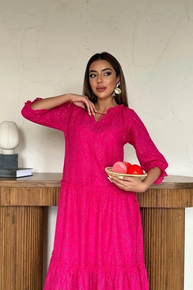 Fuşya Dantelli New Elbise - Resim 3