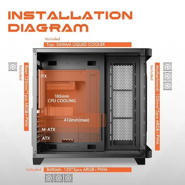 GAMEAGLE STORM BİLGİSAYAR KASASI + 850W +80 POWER + SIVI SOĞUTMA (SİYAH) - 8