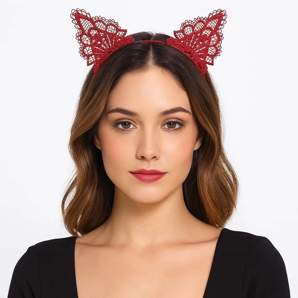 Dantelli Kırmızı Kedi Tacı - Vintage Tarz Dantel Kedi Kulak ürün görseli