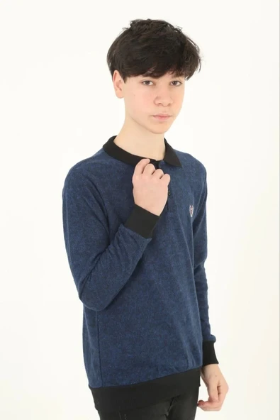 Çocuk Selanik Yaka Nakışlı Kazak - Lacivert - 2