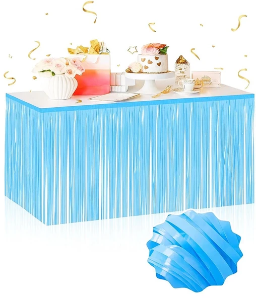 Kendinden Yapışkanlı Makaron Mavi Püsküllü Masa Eteği – 75 X 275 Cm Parti Süslemesi - 1