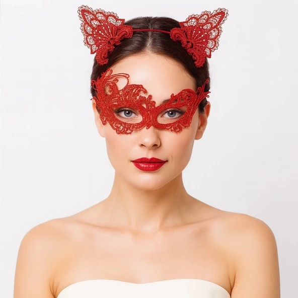 Gizemli Kırmızı Dantel Maske Ve Taç Seti 1 No - Kostüm Seti - Resim 3