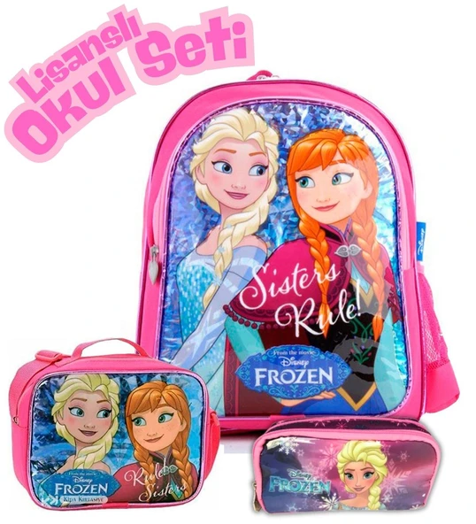Disney Frozen Lisanslı Okul Seti 3'lü - Elsa ve Anna Sırt Çantası, Beslenme Çantası, Kalemlik - Kız Çocuk İçin