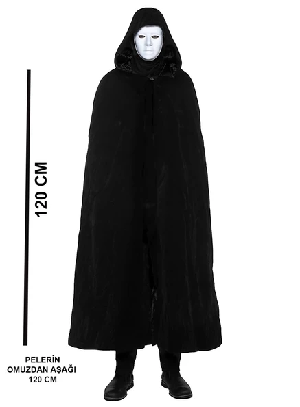 Siyah Kapüşonlu 120 Cm Pelerin Ve Beyaz Boyanabilir Tam Yüz Maske ürün görseli
