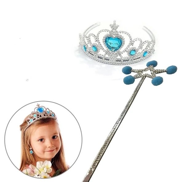 Mavi Ponponlu Karlar Ülkesi Elsa Asası Ve Mavi Kalp Taşlı Elsa Tacı ürün görseli