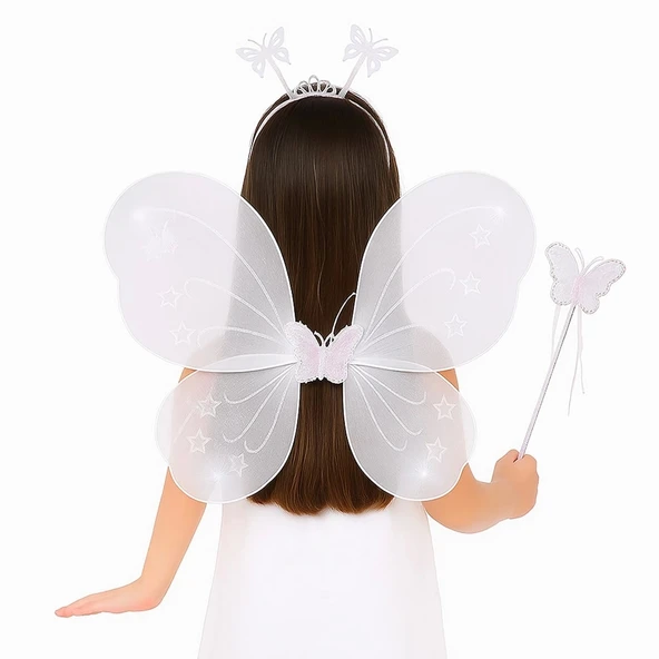 Beyaz Kelebek Kız Seti – 50 Cm Kelebek Kanadı, Taç Ve Asa ürün görseli