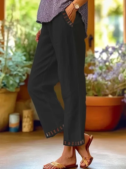 Lucky Life Kadın Beli Lastikli Bağcıklı Cep Ve Pantolon Ucu Güpür Detaylı Pantolon - Resim 2