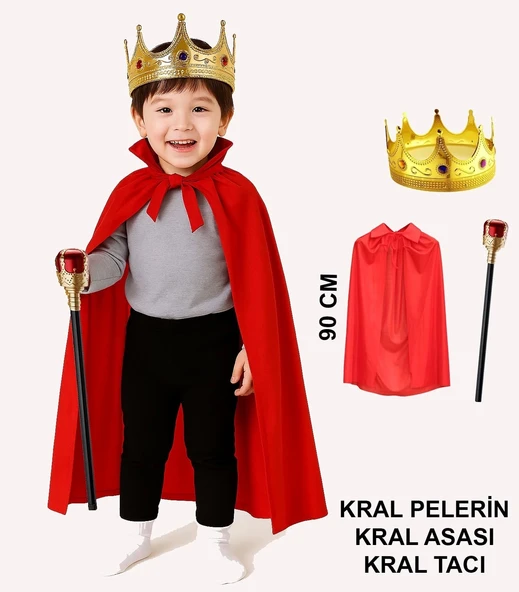 Çocuk Kral Kostüm Seti – Kırmızı Pelerin, Taç Ve Asa (90 Cm) ürün görseli