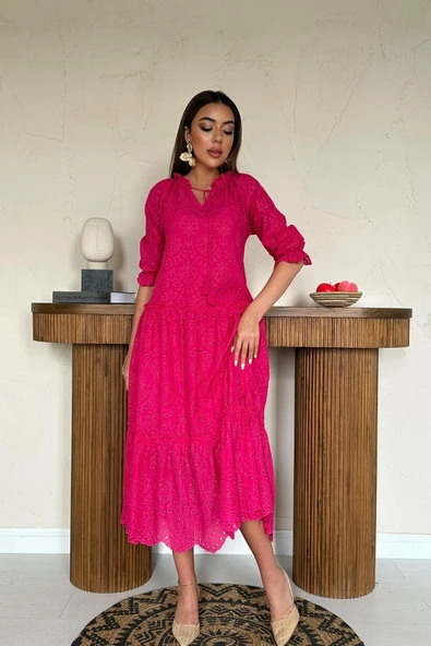 Fuşya Dantelli New Elbise - Resim 2