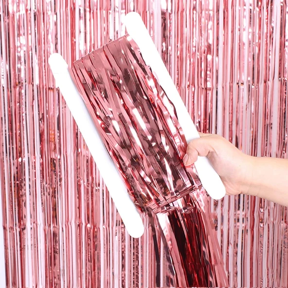 Rose Gold Renk Ekstra Metalize Parlak Saçaklı Arka Fon Perde İthal A Kalite 1x2 Metre - 4