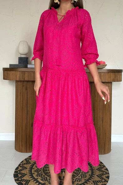 Fuşya Dantelli New Elbise - Resim 4