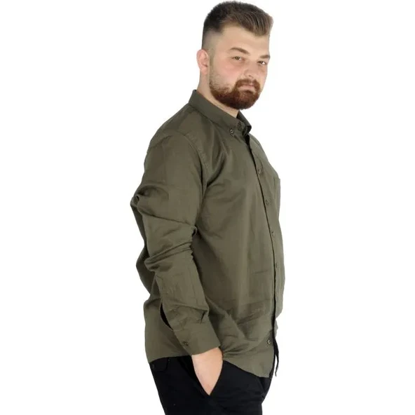 Büyük Beden Erkek Keten Cepli Gömlek 20386 Haki - 2