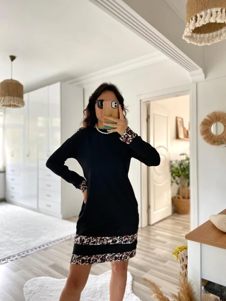 Kadın Uzun Kollu Bisiklet Yaka şerit Leopar Desenli Dalgıç Elbise - Resim 2