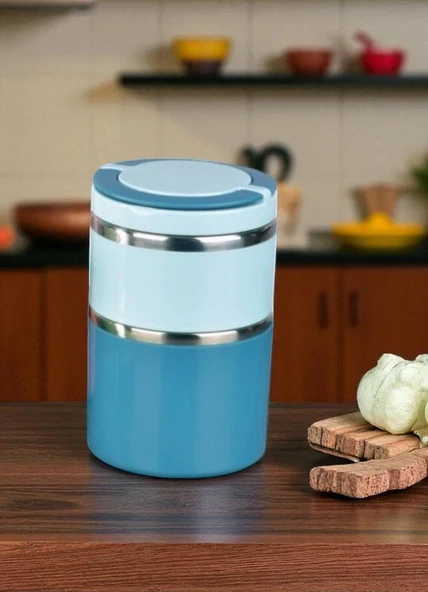 Tohana kulplu çelik sefer tası - yemek termosu saklama kabı 2 katlı mavi 930 ml. ürün görseli