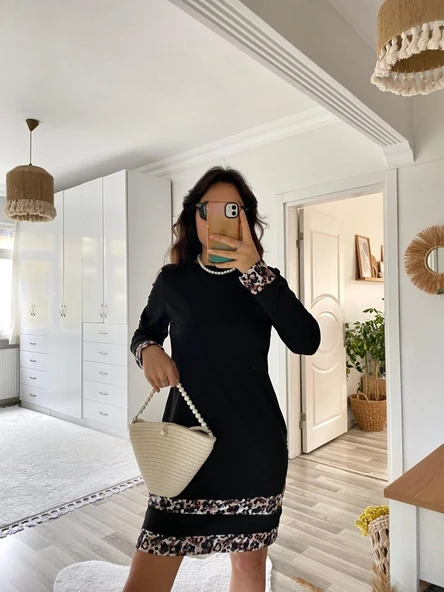 Kadın Uzun Kollu Bisiklet Yaka şerit Leopar Desenli Dalgıç Elbise - Resim 4