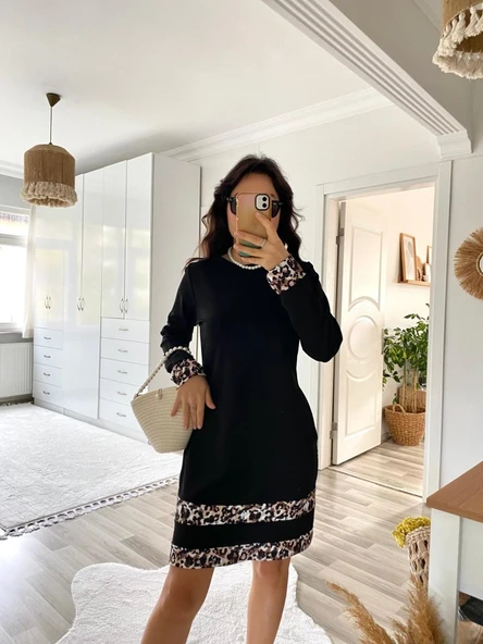 Kadın Uzun Kollu Bisiklet Yaka şerit Leopar Desenli Dalgıç Elbise - Resim 7