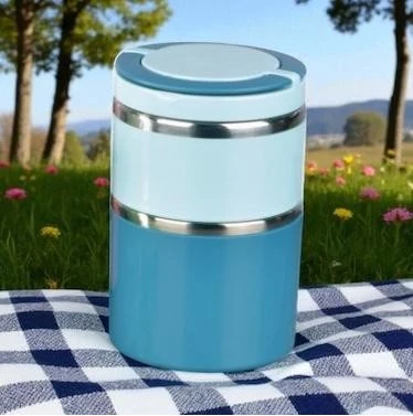 Tohana kulplu çelik sefer tası - yemek termosu saklama kabı 2 katlı mavi 930 ml. - Resim 2