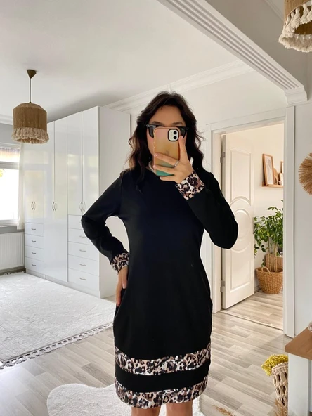 Kadın Uzun Kollu Bisiklet Yaka şerit Leopar Desenli Dalgıç Elbise - Resim 12