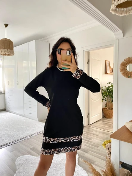 Kadın Uzun Kollu Bisiklet Yaka şerit Leopar Desenli Dalgıç Elbise - Resim 6