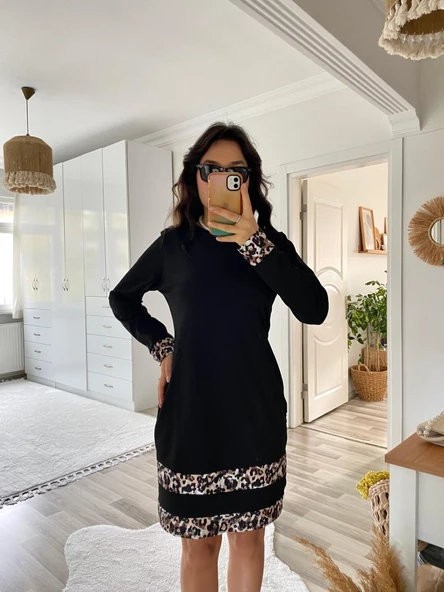 Kadın Uzun Kollu Bisiklet Yaka şerit Leopar Desenli Dalgıç Elbise - Resim 9