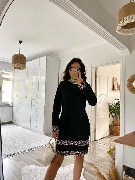 Kadın Uzun Kollu Bisiklet Yaka şerit Leopar Desenli Dalgıç Elbise - Resim 10