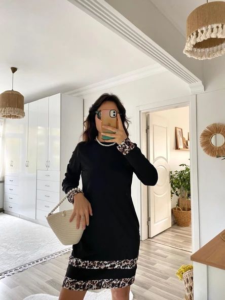 Kadın Uzun Kollu Bisiklet Yaka şerit Leopar Desenli Dalgıç Elbise - Resim 5