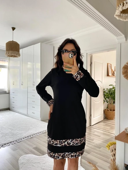 Kadın Uzun Kollu Bisiklet Yaka şerit Leopar Desenli Dalgıç Elbise - Resim 8