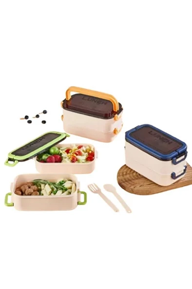 2 Katlı Beslenme Kutusu Çatal Kaşıklı Yemek Saklama Kabı Okul Ofis Kamp Çocuk Çantası Sefer Tası - 8