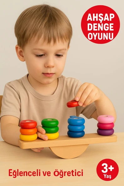 Ahşap Denge Oyunu – Renkli Halkalı Eğitici Motor Beceri ve Koordinasyon Geliştirici