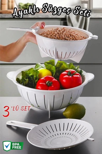 3 Parça Mutfak Süzgeç Seti - Çeyiz Seti BEYAZ