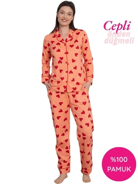 Kadın Kalp Desen Gömlek Yaka %100 Pamuk Mevsimlik Uzun Kol Cepli Pijama Takımı - 9