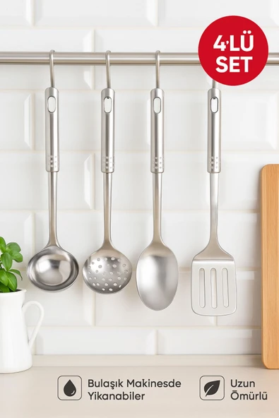 4’lü Paslanmaz Çelik Mutfak Servis Seti – Kepçe, Kevgir, Kaşık ve Spatula Takımı 34 cm - 3