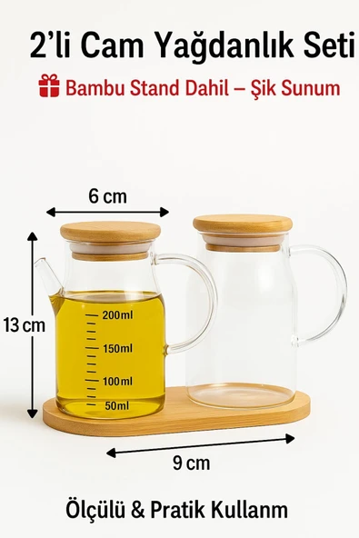 2’li Cam Yağlık Sirkelik Seti 200 ml Ölçülü Borosilikat Cam Yağdanlık + Bambu Stand - 8